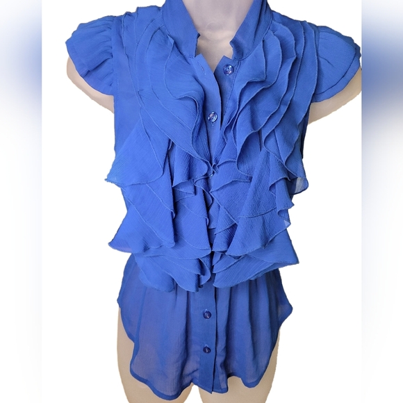 Miley Cyrus & Max Azria Blue Ruffled Buttoned Ruffled Front Blouse. Sz S - Picture 2 of 5